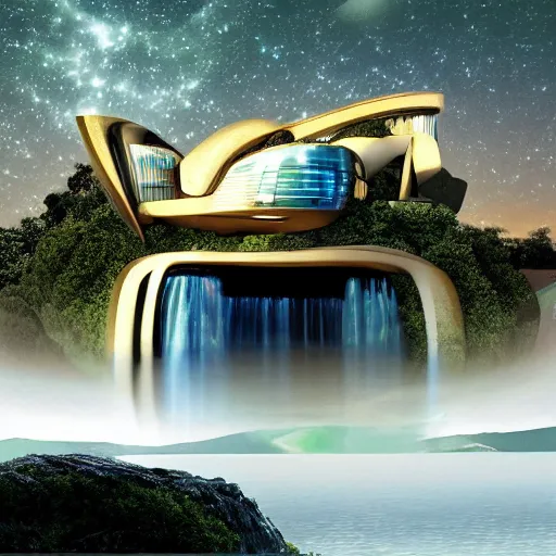 Image similar to a futuristic modern house, on a floating rock island, alien planet covered in water, multiple waterfalls, multiple moons glowing, stars, frank gehry