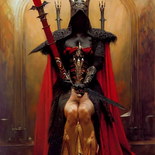 Prompt: full body portrait of red skinned, masked queen in black gothic robes sitting on a throne of swords, elegant, highly detailed painting by gaston bussiere, craig mullins, j. c. leyendecker, 8 k, mid shot