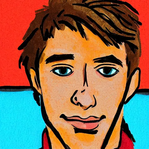 Prompt: a head - on comic - style colorful portrait of a 2 0 - something engineering student, brown messy hair, by laurie greasly