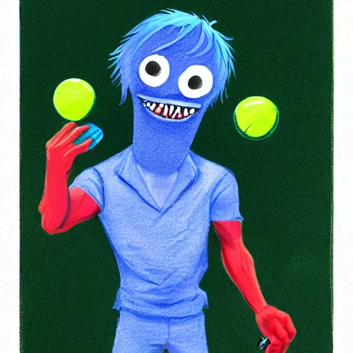 Image similar to a eminem slim shady tennis ball monster, tennis ball, lightning, chalk, digital art, fantasy, magic, trending on artstation, ultra detailed, professional illustration by Basil Gogos