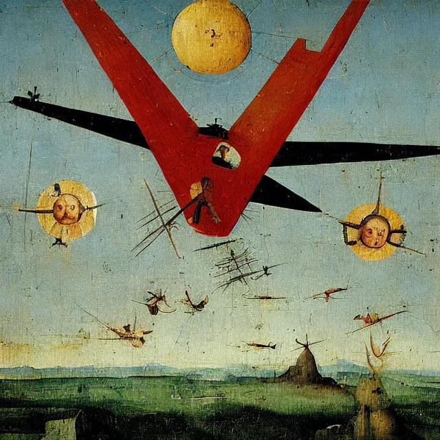 Prompt: a painting from 1 4 9 0 of a jet airplane by hieronymus bosch