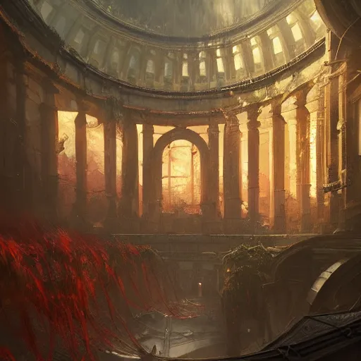 Image similar to concept art by greg rutkowski, a futuristic large inner garden under a great dome, desolate, covered in reddish slime on all sides, uncanny atmosphere, low light, scary atmosphere, scifi, highly detailed portrait, digital painting, artstation, concept art, smooth, sharp foccus ilustration, artstation hq