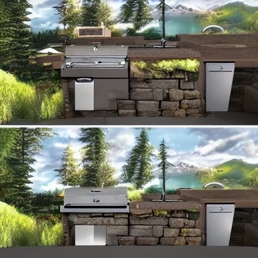 Image similar to an immaculate digital matte painting of a pacific northwest outdoor kitchen