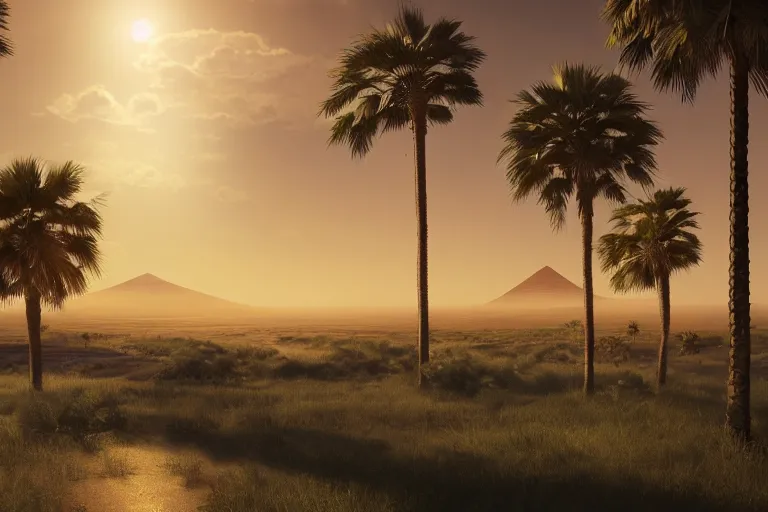 Image similar to beautiful digital painting of an oasis with palm trees, in a large desert landscape, with ancient golden pyramids with carved runes, some clouds on the horizon, by lee madgwick and wlop, 8 k, intricate, cinematic lights, atmospheric effects in the background, octane render, artstation, summer color scheme