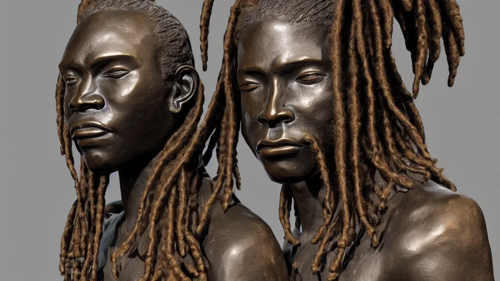 Prompt: Portrait of Benin bronze sculpture of African horseman wearing dark shades with dreadlocks that flow to the ground like data cables, rainforest background, hdri lighting, hyper realism, intricate, very detailed, trending on art station, Unreal Engine