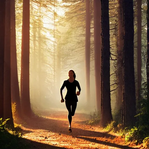 Image similar to a woman running, forest light, romanticism art style