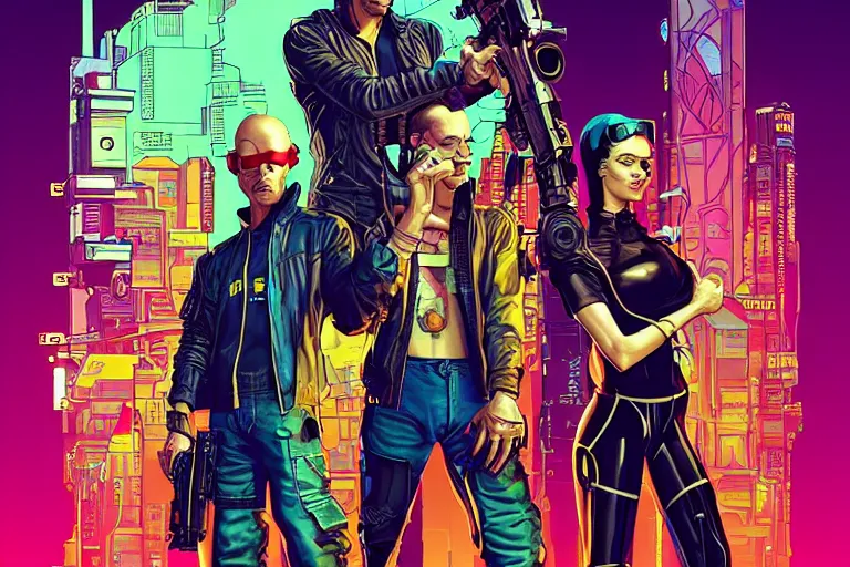 Prompt: cyberpunk heist crew. portrait by stonehouse and mœbius and will eisner and gil elvgren and pixar. character design. realistic proportions. dystopian. cyberpunk 2 0 7 7 character art, blade runner 2 0 4 9 concept art. cel shading. attractive face. thick lines. the team. diverse characters.