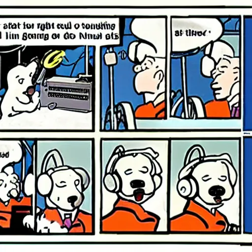 Image similar to tintin wearing headphones and speaking into big microphone, podcast! white terrier, drawn in the style of jean giraud!!