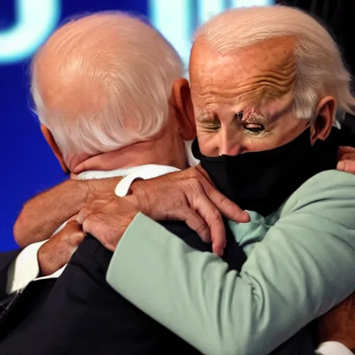 Prompt: yoda snuggles up against joe biden, AP news photograph, high-resolution