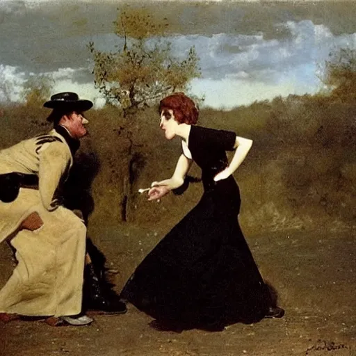 Image similar to actress rehearsing an action scene with revolver by alfred stevens