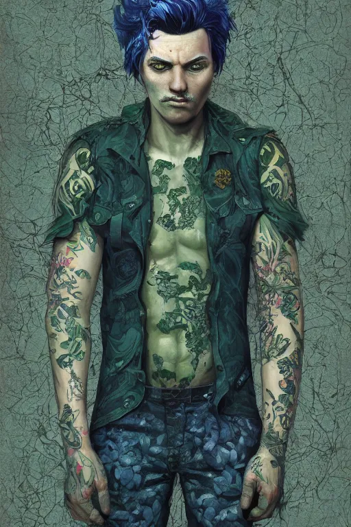 Image similar to portrait of a man with cracked thick skin. dark blue-green hair, dark flower pattern wallpaper background, high detail, by Eddie Mendoza