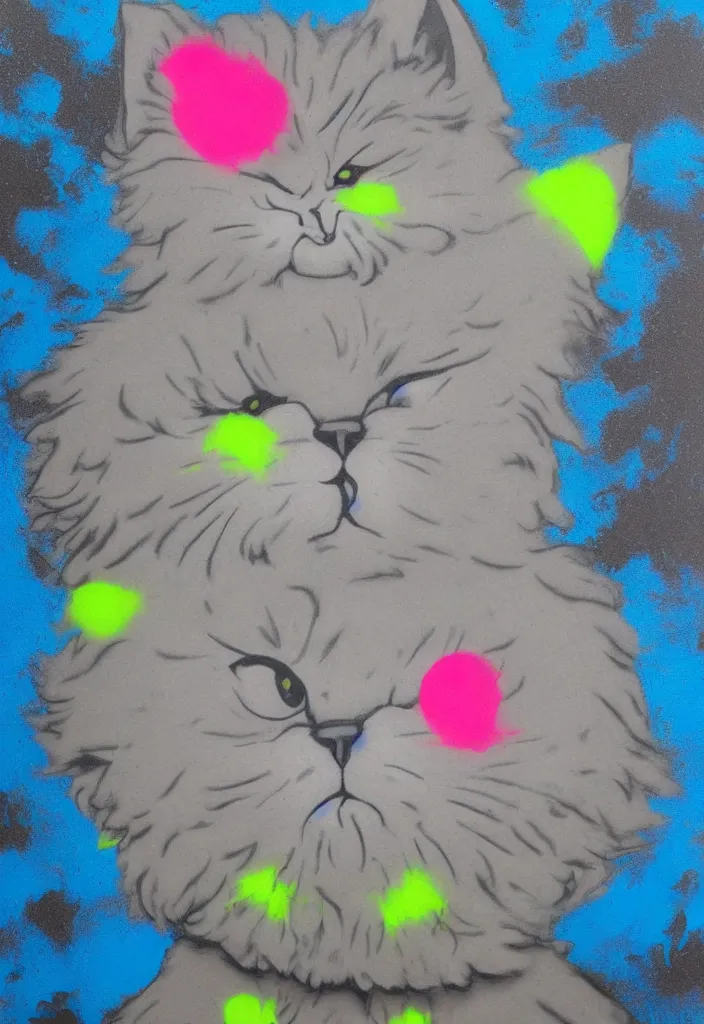 Image similar to fluffy cat with an afro comb t - shirt design, by jules julien, kaws, dark grisaille monochrome neon spraypaint, ironic surrealism, hypebeast