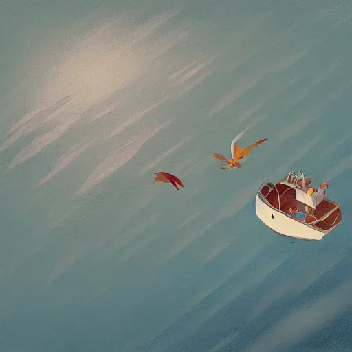 Prompt: goro fujita ilustration view from the sky of a bird with open wings with feathers flying above a fishing boat in the middle of the ocean, painting by goro fujita, sharp focus, highly detailed, artstation