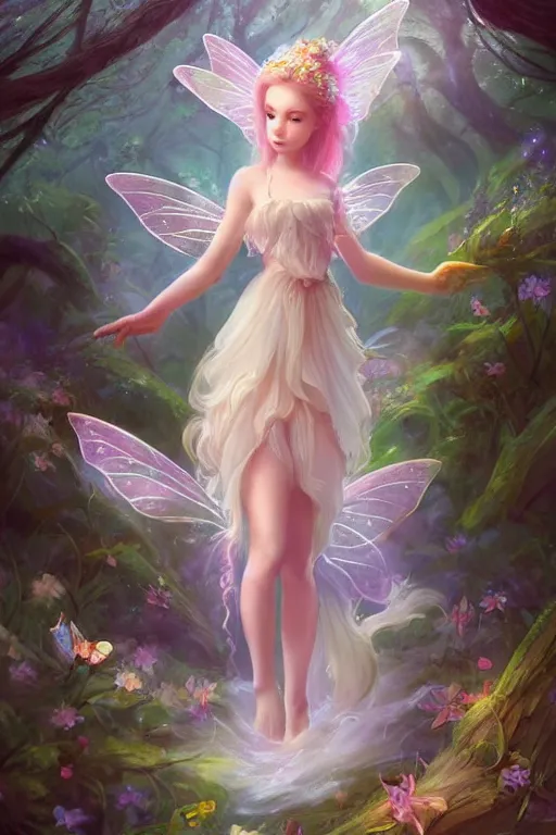 Image similar to a cute fairy in the dreamy forest, fantasy, dreamlike, 8 k resolution, hyper detailed, d & d, character design, digital painting, trending on artstation, sharp focus, illustration, art by viktoria gavrilenko, hoang lap, fuji choko, steve zheng