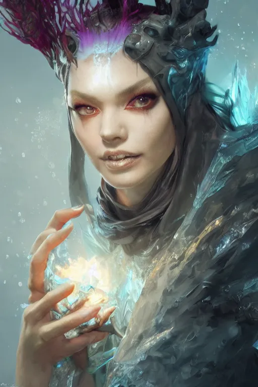 Prompt: beautiful girl necromancer, witch - doctor covered with ice exploding into ice, angels, 3 d render, hyper realistic detailed portrait, holding fire and electricity, ruan jia, wlop. scifi, fantasy, magic the gathering, hyper detailed, octane render, concept art, peter mohrbacher