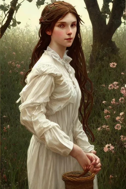 Image similar to beautiful cottagecore young peasant maiden, innocent, intricate, elegant, highly detailed, digital painting, artstation, concept art, smooth, sharp focus, illustration, art by artgerm and greg rutkowski and alphonse mucha