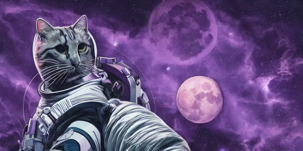 Image similar to A cat in sifi spacesuit looking down on Gotham city, purple night, giant moon in sky, hyperdetailed, dynamic scene, comics