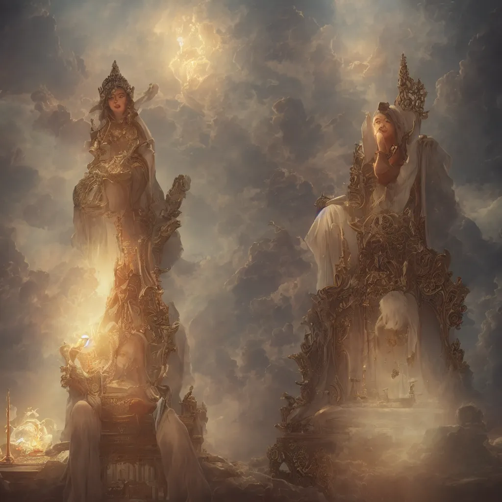 Prompt: the all - beneficent settled on the throne, rossdraws art, tom bagshaw art, heaven lighting, highly detailed, 8 k, octane render