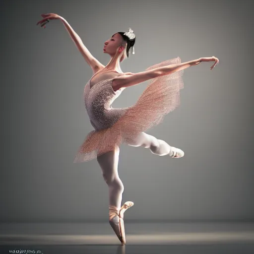 Image similar to full body pose, hyperrealistic photograph of stunning ballerina, dim volumetric lighting, 8 k, octane beautifully detailed render, extremely hyper detailed, intricate, epic composition, cinematic lighting, masterpiece, trending on artstation, very very detailed, stunning, hdr, smooth, sharp focus, high resolution, award, winning photo, dslr, 5 0 mm