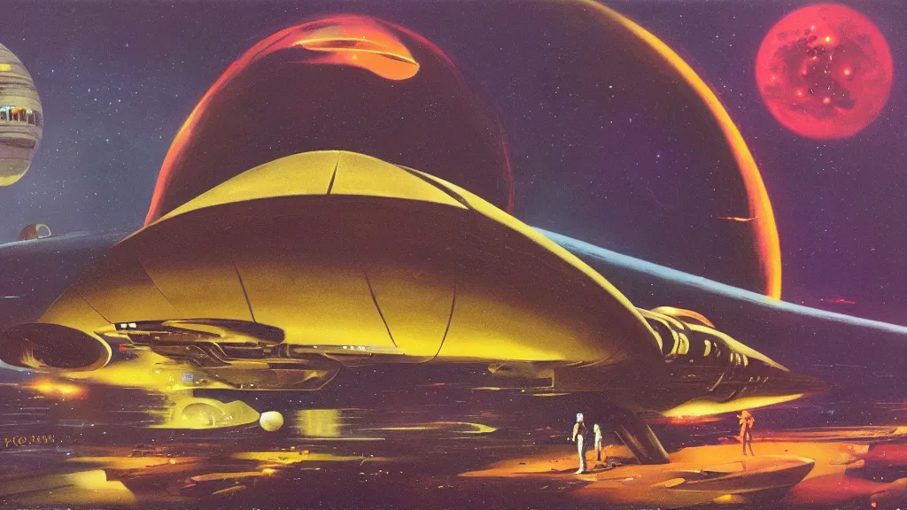 Image similar to spaceship design by paul lehr and jack gaughan and john schoenherr, cinematic matte painting