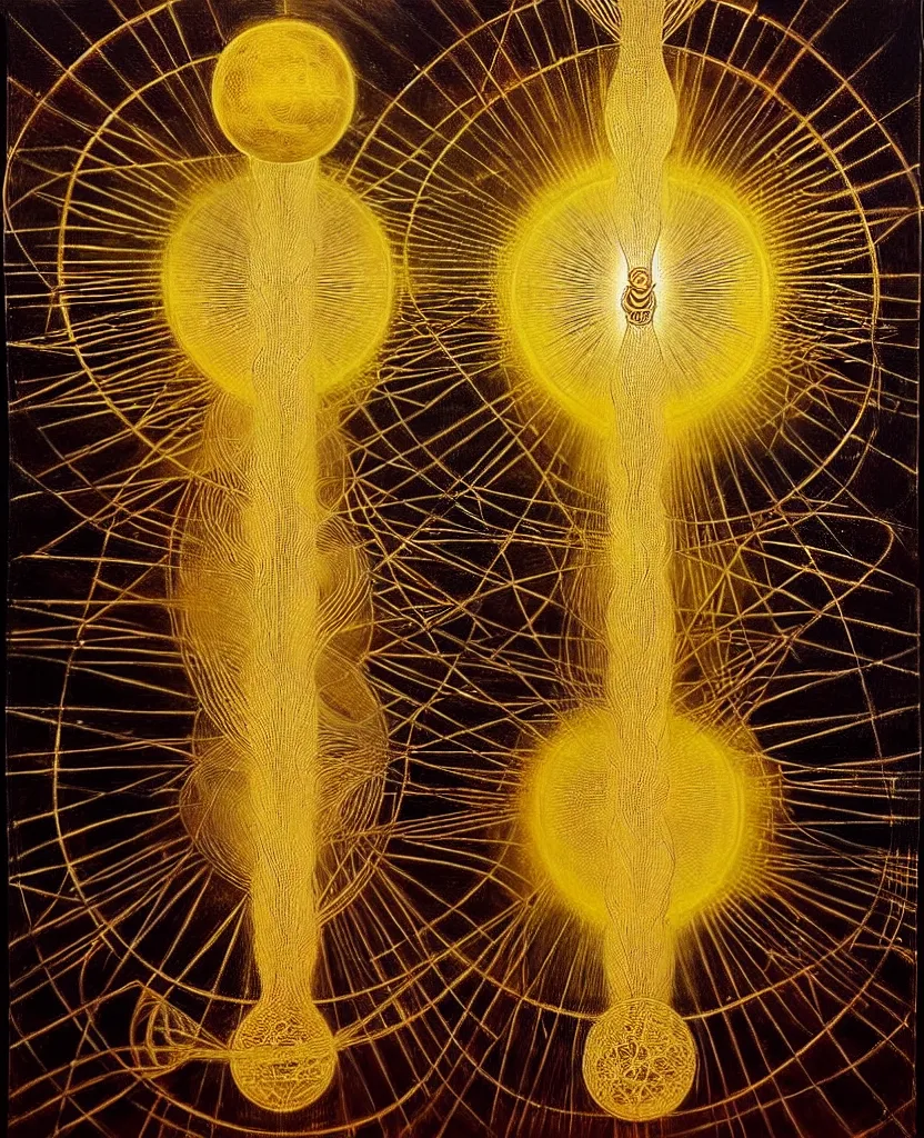 Image similar to a golden child radiates a unique canto'as above so below'while being ignited by the spirit of haeckel and robert fludd, breakthrough is iminent, glory be to the magic within, in honor of saturn, painted by ronny khalil