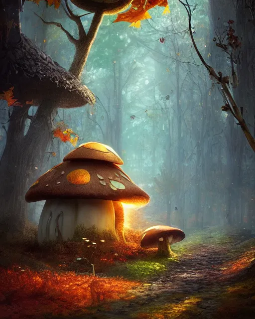 Image similar to a tall cute mushroom house in a magical forest in autumn, cinematic, stunning, adorable, artstation, smooth, hard focus, illustration, art by jessica rossier and and brian froud