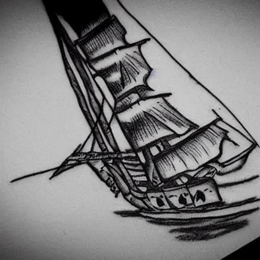 Prompt: pirate ship on a deserted island, realism tattoo drawing, hyper realistic, shaded