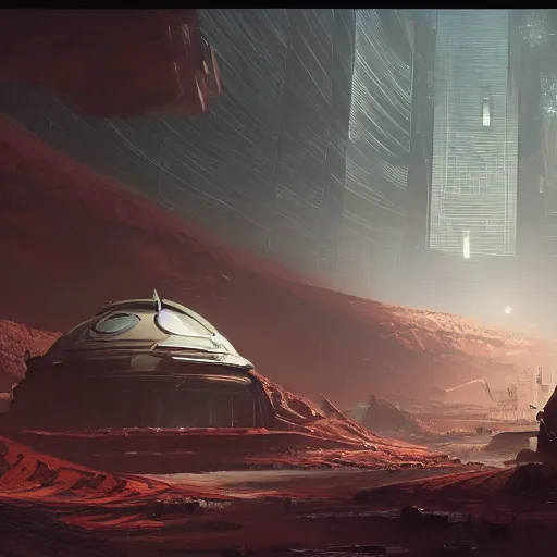 Image similar to concept art of a futuristic city inside a martian crater covered by a transparent dome by greg rutkowski, cinematic lighting, nostalgic atmosphere, artstation hq.