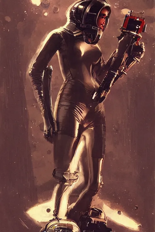 Image similar to pulp scifi fantasy illustration full body portrait of elegant woman wearing latex spacesuit shooting retro ray gun at alien, by norman rockwell, jack kirby, bergey, craig mullins, ruan jia, jeremy mann, tom lovell, 5 0 s, astounding stories, fantasy