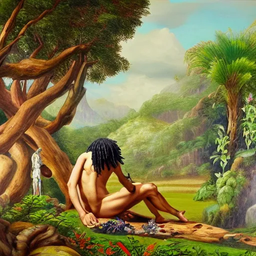 Image similar to chief keef in the garden of eden, landscape painting, beautiful, cinematic, wide shot
