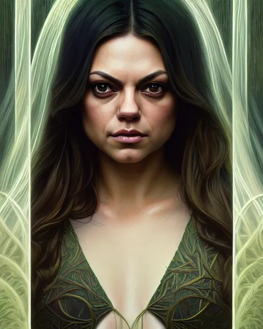 Image similar to symmetry portrait of mila kunis princess, forest background, intricate, elegant, highly detailed, digital painting, artstation, concept art, smooth, sharp focus, illustration, art by artgerm and greg rutkowski and fra angelico and alphons mucha