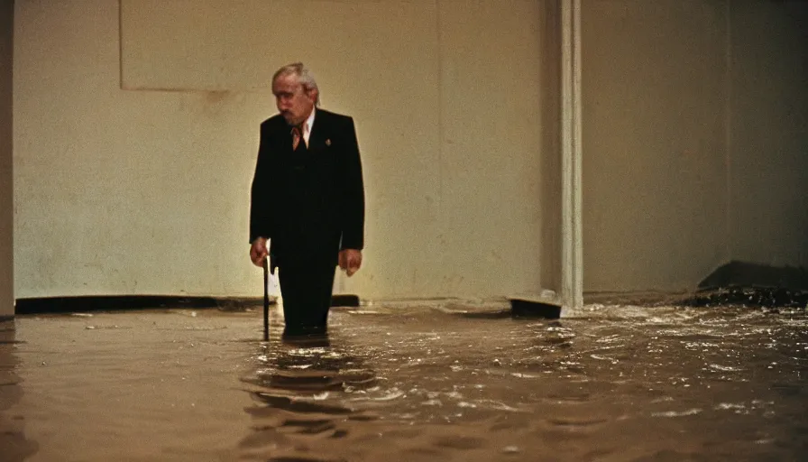 Image similar to 7 0 s movie still of an old man standing in a soviet ballroom flooded in mud, cinestill 8 0 0 t 3 5 mm eastmancolor, heavy grain, high quality, high detail