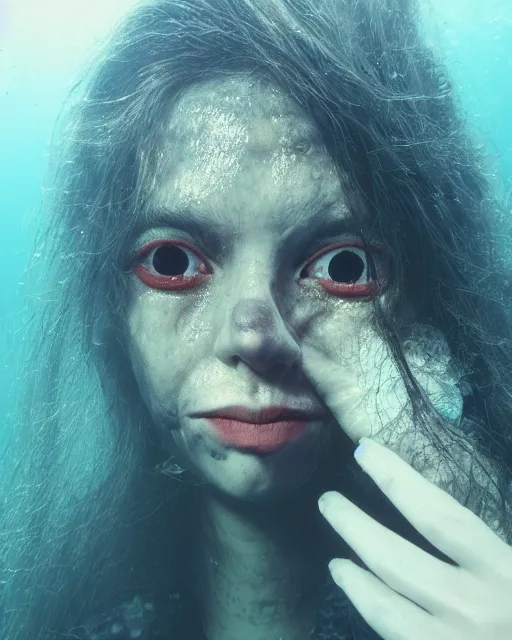 Prompt: detailed vertical eyes, beautiful face of an underwater human descendant fishwoman, darkness, macro lens, very deep sea, mariana trench, dark, hd, dagon, fishpeople