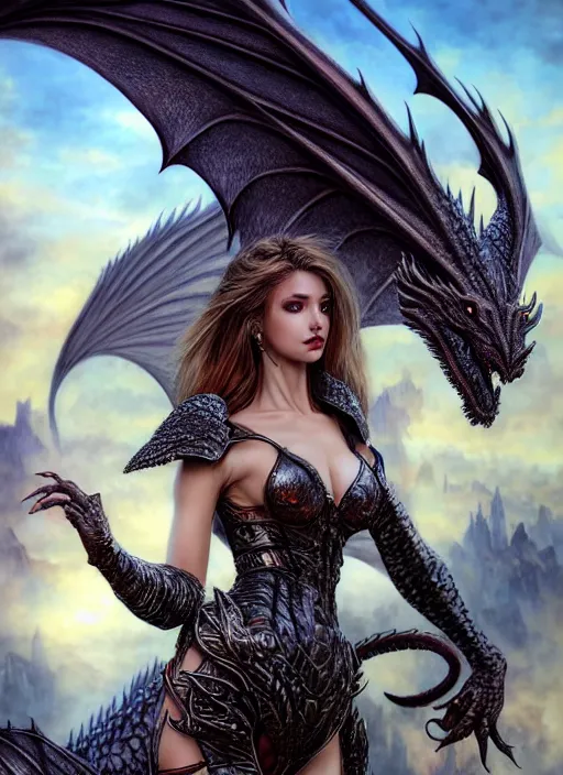 Image similar to photo of a gorgeous dragon girl in fantasy city, realistic, sharp focus, 8 k high definition, insanely detailed, intricate, elegant, art by stanley lau and artgerm, luis royo, greg kutkowski