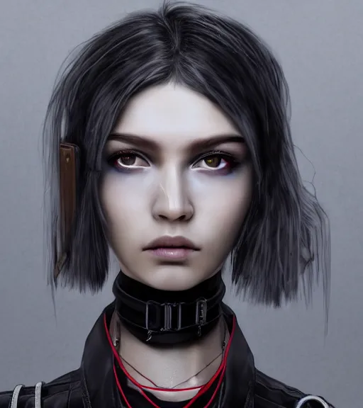 Prompt: detailed realistic female character cyberpunk wearing thick steel collar around neck, realistic, art, beautiful, 4K, collar, choker, collar around neck, punk, artstation, detailed, female, woman, choker, cyberpunk, neon, punk, collar, choker, collar around neck, thick collar, tight around neck, punk, symmetrical eyes, beautiful eyes, realistic eyes