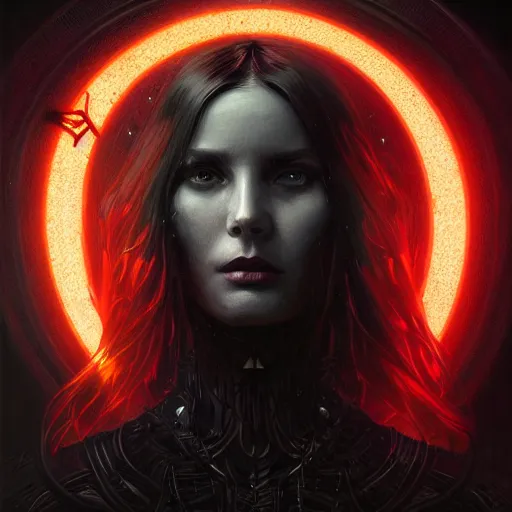 Image similar to Portrait of a dark witch using technology, dystopian, dark filaments, red glowing eyes, menacing, intimidating, frightening, intricate, headshot, highly detailed, digital painting, artstation, concept art, sharp focus, cinematic lighting, illustration, art by artgerm and greg rutkowski, alphonse mucha, cgsociety