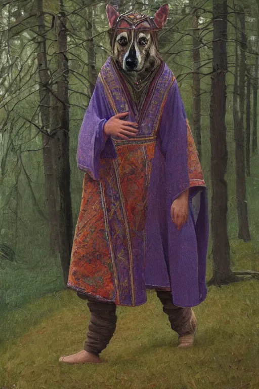 Image similar to slavic dog head man, woolen torso in medieval clothes, walking in the forest, orthodox, oil painting, concept art, hyperrealism, beautiful, high resolution, trending on artstation, by annie swynnerton and nicholas roerich, embroidered robes, elaborate costume, geometric ornament, symbolist, soft colors, extremely detailed