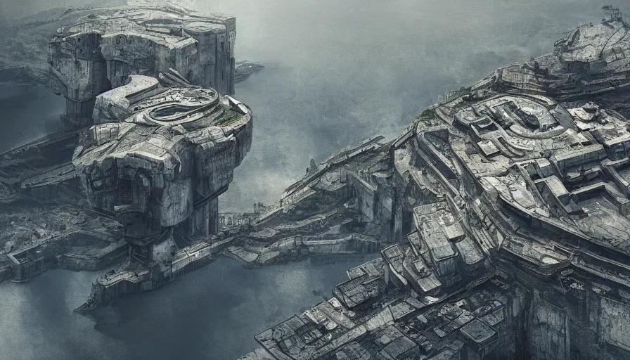 Image similar to big brutalisti mperial military base on cliffs, drawing architecture, island, very long shot, top angle, pritzker architecture prize, science fiction, control the game, brutalism, earthbound, jan urschel, very detailed