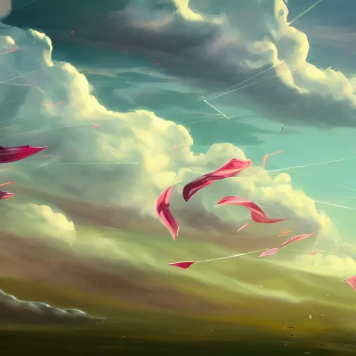 Image similar to background art of spaciously scattered longswords flowing and floating through the blowing swirling directional wind from left to right on a simple cloudy sky background, big puffy clouds, large individual rose petals, angular background elements, polygonal fragments, anime, artgerm, manga, trending on artstation, art nouveau, mature color scheme