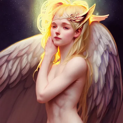 Image similar to Portrait of a girl angel with blonde hair, cat ears, glowing halo, wings, fantasy, intricate, elegant, highly detailed, digital painting, artstation, concept art, smooth, sharp focus, illustration, art by Krenz Cushart and Artem Demura and alphonse mucha