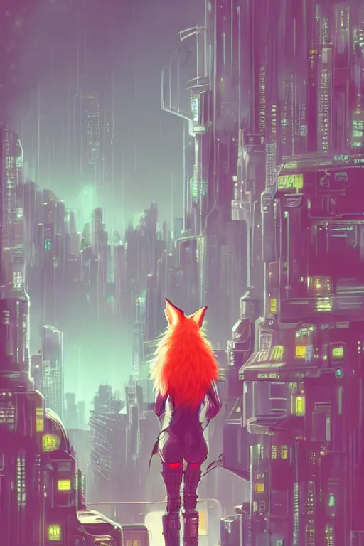 Image similar to a cyberpunk anthropomorphic fox with a fluffy tail staring over a futuristic city from the top of a roof, comic art, trending on furaffinity, cyberpunk, backlighting, cartoon, by kawacy, anime!!!