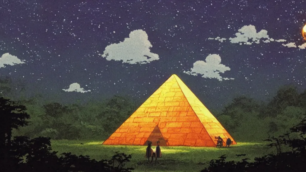 Image similar to a movie still from a studio ghibli film showing a huge glowing pyramid in the rainforest with a floating gold capstone on a misty and starry night. by studio ghibli