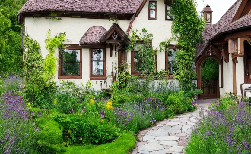 Image similar to cottage style house exterior, lush and green environment, art nouveau, garden with wild flowers and lavender, beige stucco walls, wooden timberwork, cobble stone path way, serene, bohemian