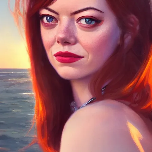 Image similar to a closeup portrait of a emma stone, dramatic light, lake background, sunset, dark, painted by stanley lau, painted by greg rutkowski, painted by stanley artgerm, digital art, trending on artstation