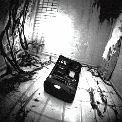 Prompt: 1 9 9 3, disposable camera, flash, old house, creature, meat, ooze, slime, veins, pov