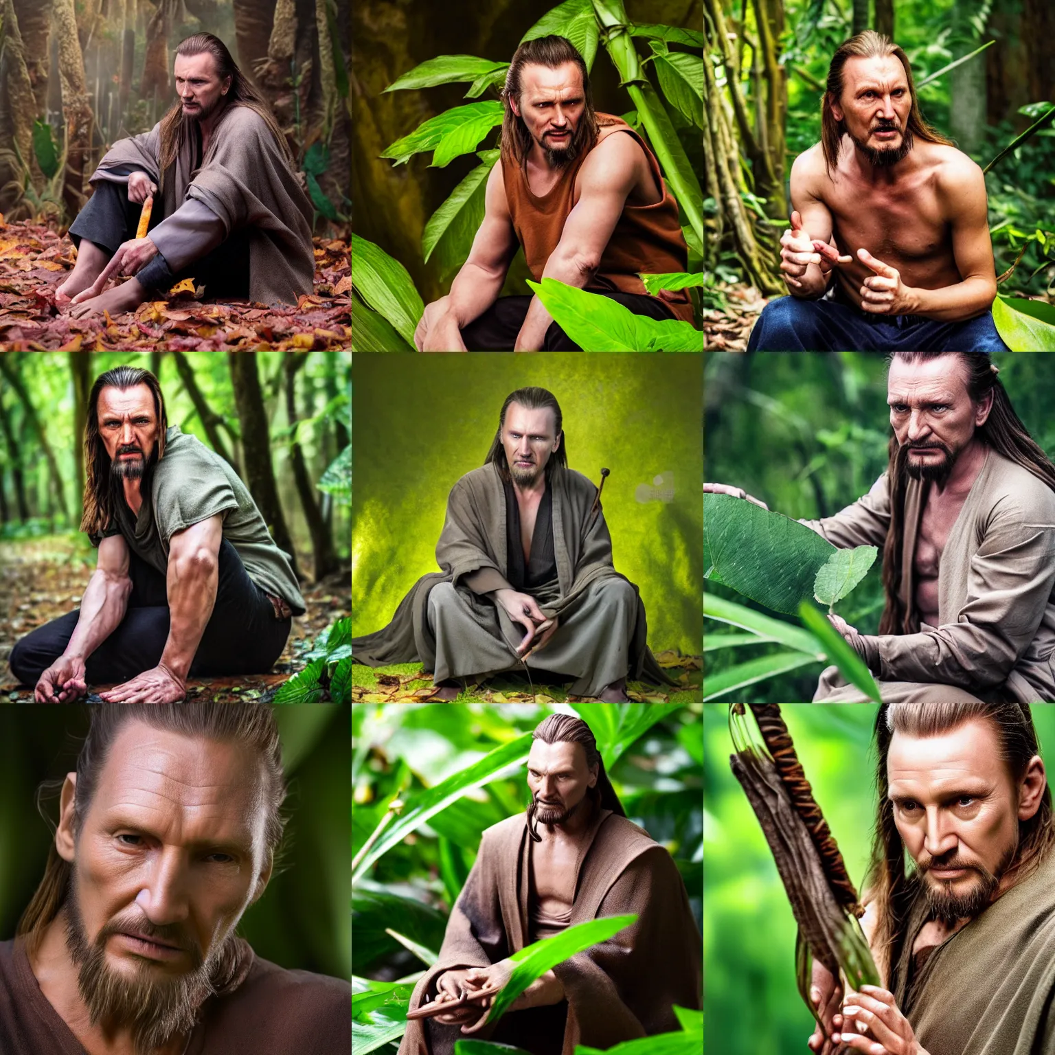 Prompt: Real live Qui-Gon Jinn, human male, accurate proportions, sitting on a leaf, macro photography
