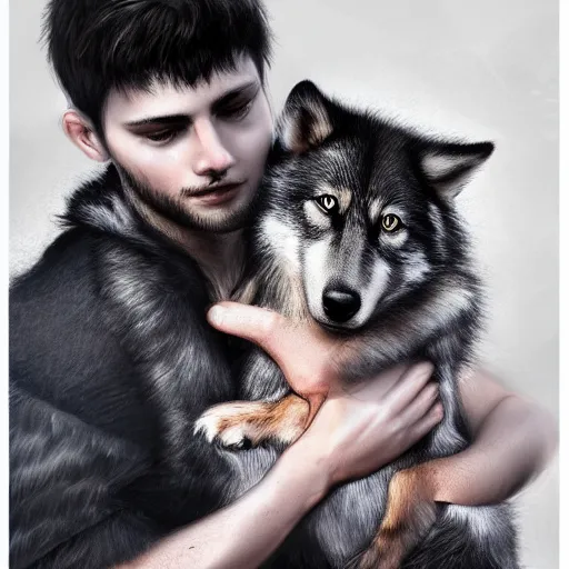Prompt: photorealistic portrait of beautiful young man holding a cute pet wolf puppy with black fur, ultra intricate, 4 k, detailed, stunning, aesthetic, trending on artstation