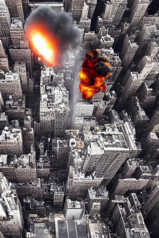 Image similar to !dream a man jumping from a building exploding in New York, explosion aerial view