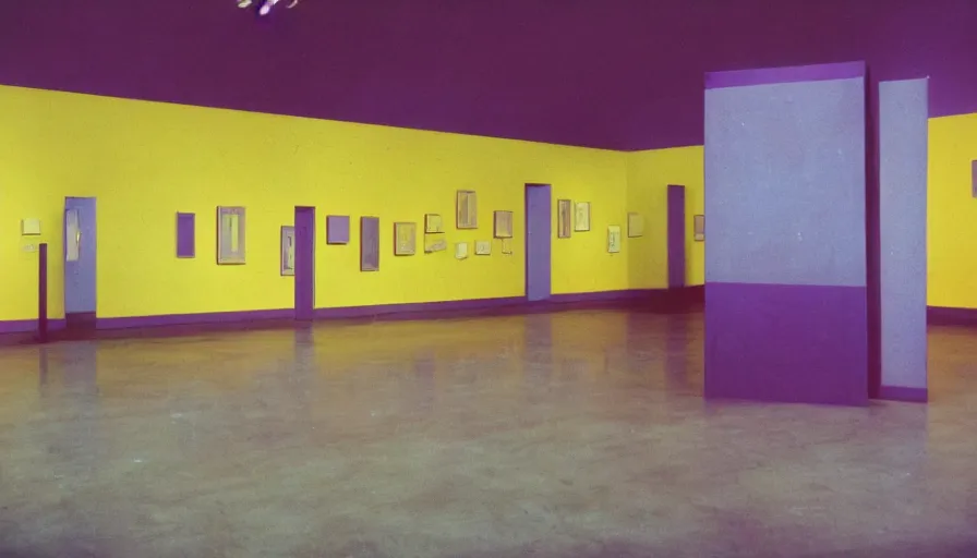 Image similar to 60s movie still of a sovietic stalinist style antique art museum with light yellow wall, LOMOCHROME PURPLE FILM 100-400 35MM, liminal Space style, heavy grain