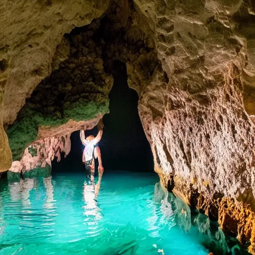 Image similar to photo of spelunkers exploring a beautiful majestic cave full of geodes, crystals, and gemstones. there is a natural pool of turquoise water. professional journalistic photography from national geofraphic.